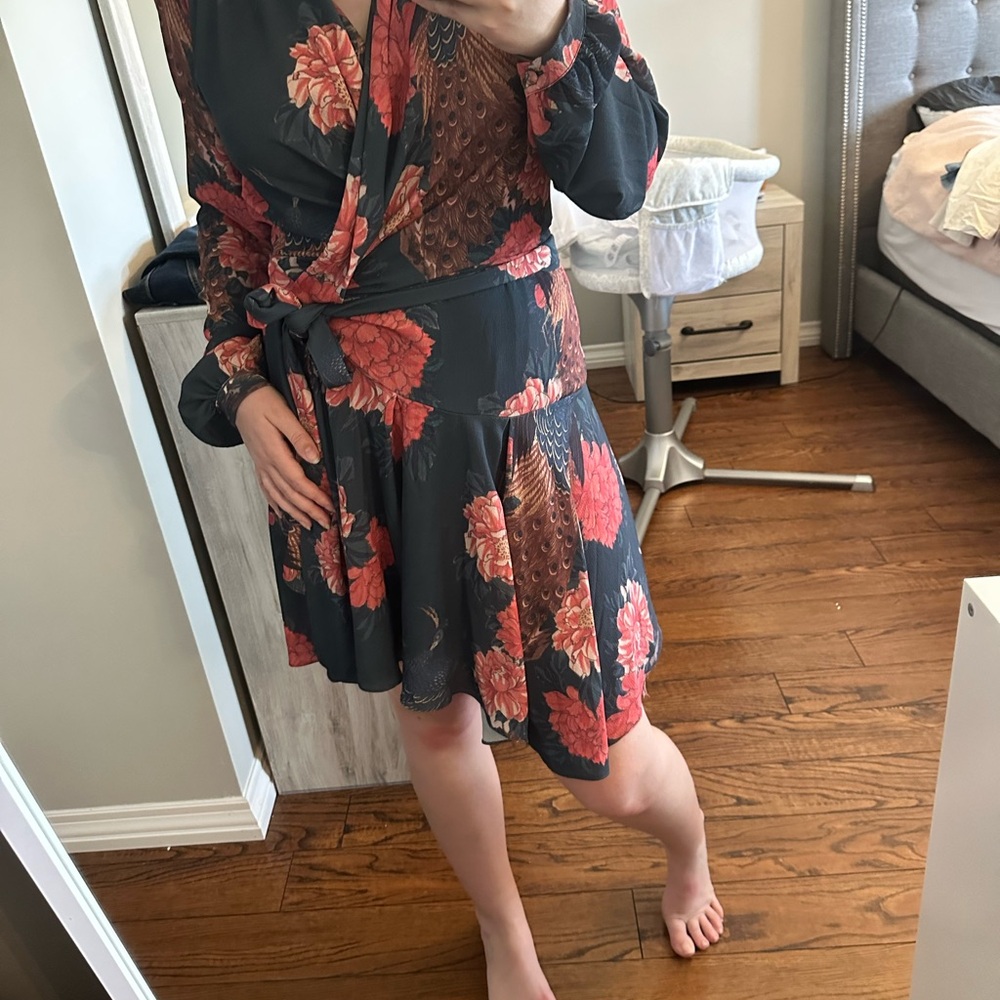 PatBO Floral Patterned Dress with Red and Gray Tones